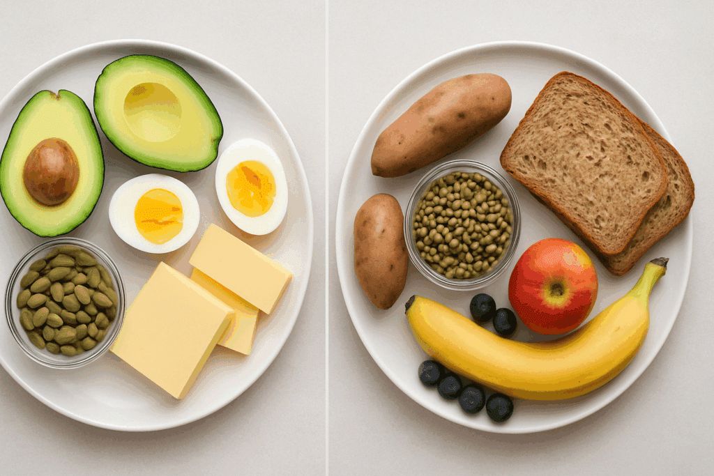 Fueling Strength the Smart Way: A Nutrition Plan for Strength Training That Supports Muscle, Metabolism, and Women’s Wellness 5 Side-by-side view of keto and high-carb meals comparing diet approaches within a personalized nutrition plan for strength training.