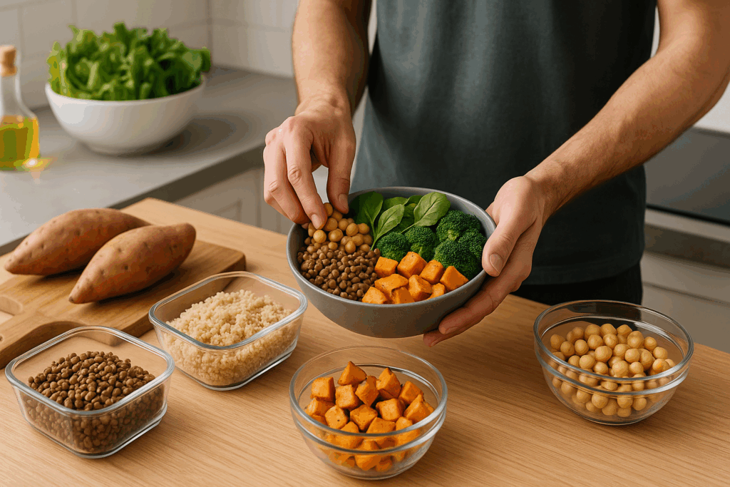 Plant-based ingredients like lentils, tofu, and leafy greens being used in diverse meal prep for men.