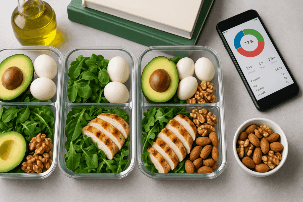Hands preparing lunches using the best meal prep containers with airtight lids, stacked beside fresh ingredients on a wooden table.