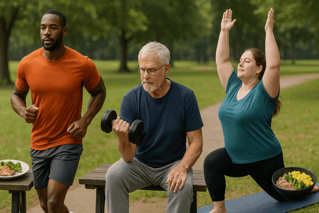 Athletes and older adults preparing tailored portions of low calorie high protein meals for weight loss based on fitness goals.