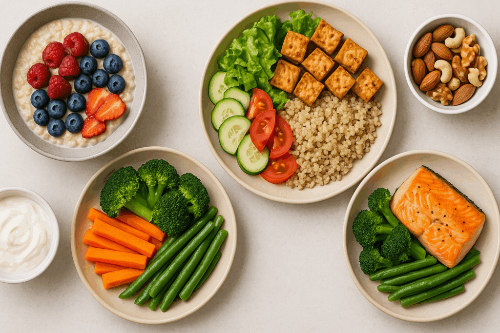 Colorful assortment of prepped meals in containers with lean proteins and vegetables, ideal for meal planning when eating for a lean body.