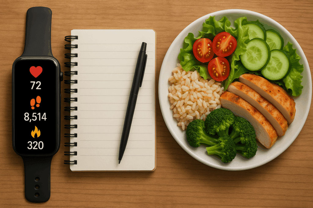 Smartwatch displaying health stats next to a notepad and meal, showing how to lose weight fast by tracking fitness and nutrition progress