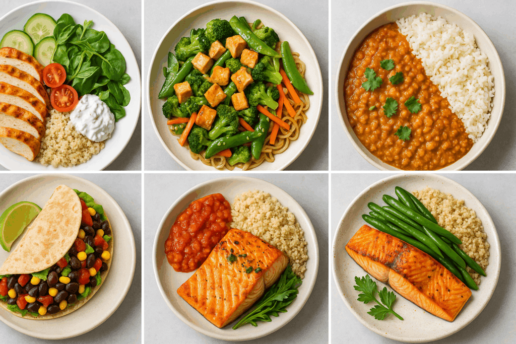 Colorful high protein meal prep bowls inspired by global cuisines including Mediterranean, Asian, and Indian flavors