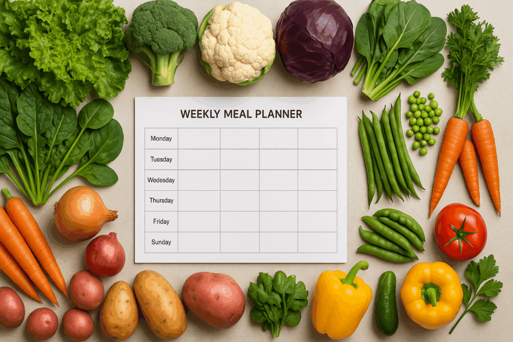 Organized groups of leafy greens, cruciferous and root vegetables around a weekly planner showing what are the vegetables for everyday meal planning