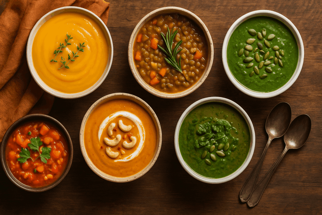 Healthy ingredients for cozy vegan soups, like cabbage, legumes, and spices, arranged around a steaming soup bowl.