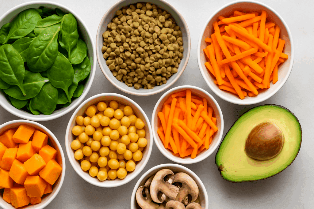 How to Create a Flavorful Vegan Soup Base: Easy Recipes for Healthier, Plant-Based Meals 5 Bowls of colorful vegetables, legumes, and leafy greens ready to build a nutrient-dense vegan soup base.