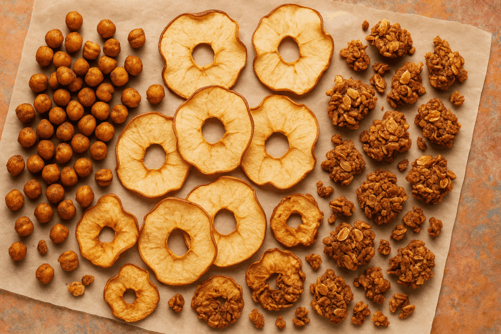 Smart and Sweet: Best Sweet Snacks for Vegans That Satisfy Cravings and Support Plant-Based Health 5 Healthy sweet snacks for vegans such as pumpkin oat bars, fruit leathers, and spiced roasted chickpeas arranged for a picnic spread.