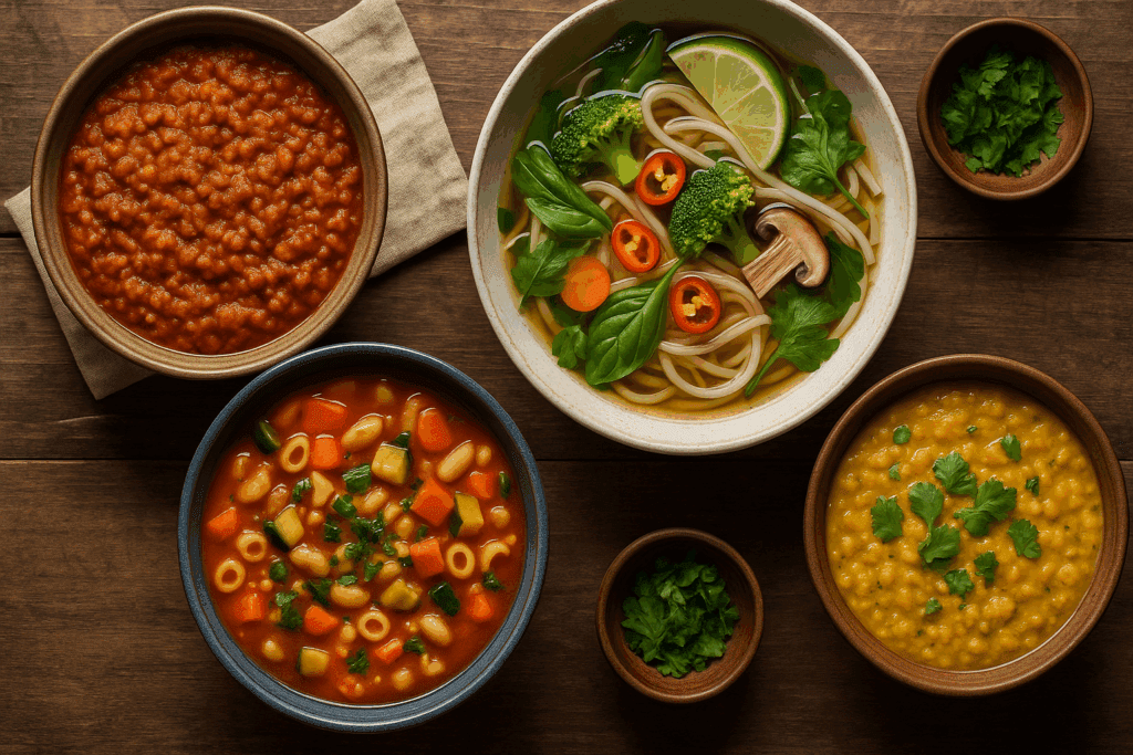 Warm and Wholesome: The Best Plant-Based Soups and Stews for Flavor, Fullness, and Weight Loss Support 5 Meal prep containers filled with colorful plant-based soups and stews ready for the week on a bright kitchen counter.