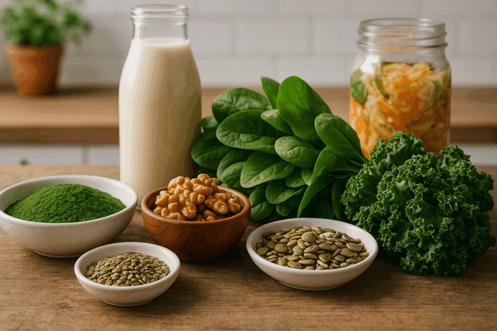 How the Green Mediterranean Diet Plan Supports Heart and Metabolic Health: What the Science Says About This Plant-Powered Eating Style 4 Assortment of nutrient-rich foods like Mankai, seeds, leafy greens, and plant milk used in the Green Mediterranean Diet Plan