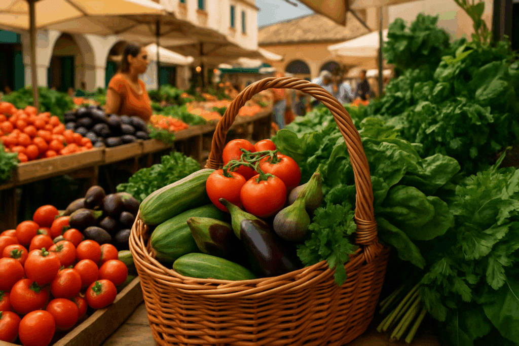 Mediterranean market scene with leafy greens, figs, eggplants, and herbs showing how to start a Mediterranean diet with smart grocery shopping