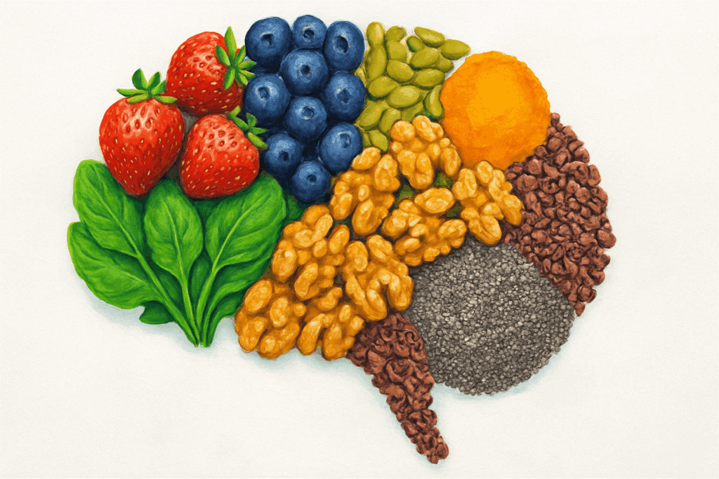 Best Plant-Based Eating Habits for a Healthy Diet in Senior Vegetarian Men: How a Veggie-Heavy Diet Supports Aging Well 5 Brain-shaped layout of antioxidant-rich foods highlighting the Best Plant-Based Eating Habits for a Healthy Diet in Senior Vegetarian Men