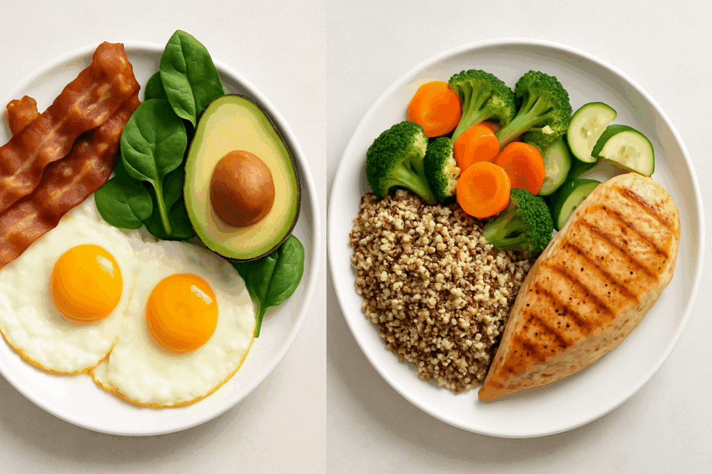 How to Build a High Fat Diet Menu for Better Health: What Science Says About a Balanced Fat Diet Plan 4 Side-by-side comparison of keto and low-carb plates tailored for a high fat diet menu approach.