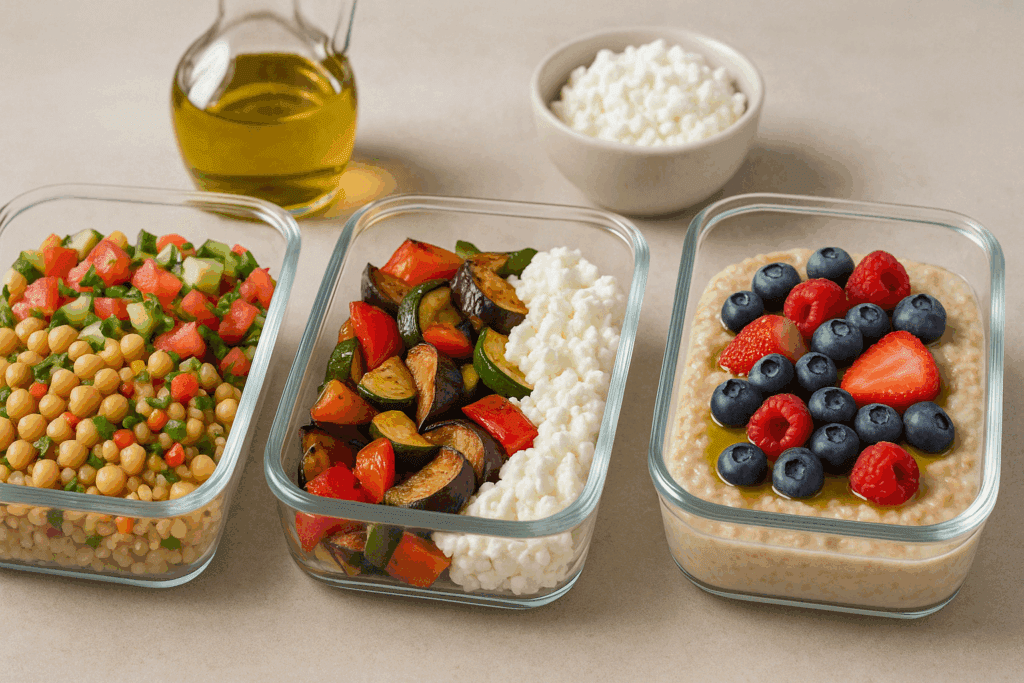 Kitchen counter with olive oil, legumes, grains, vegetables, and cottage cheese arranged for the Mediterranean diet with olive oil.
