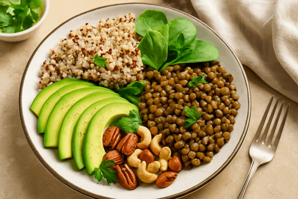 Smart and Satisfying: Easy Healthy Meals for Weight Loss That Make Dinner Delicious and Nutritious 5 Balanced dinner plate with grains, plant protein, and healthy fats representing easy healthy meals for weight loss