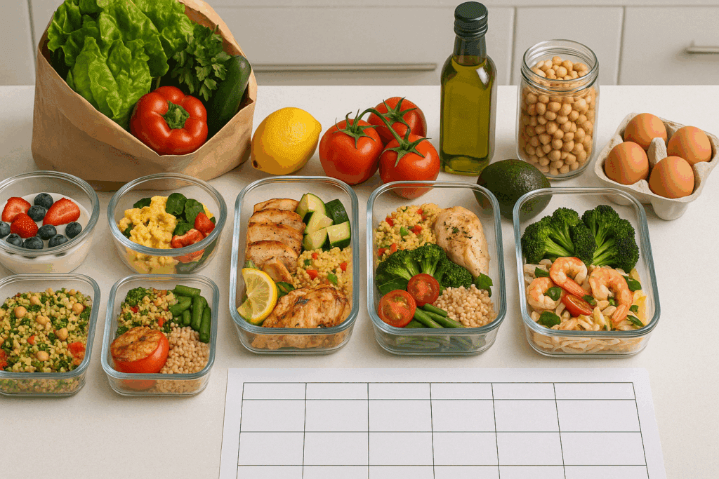 Build-your-own plate concept with grains, legumes, veggies, and herbs highlighting flexible healthy Mediterranean meal ideas