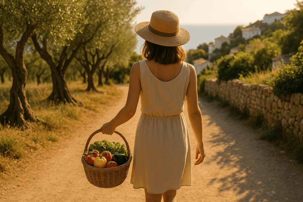 Most Efficient Weight Loss Strategies Backed by Science: Which Is Better for Weight Loss and How to Stay on Track Naturally 4 Person walking through an olive grove with fresh produce symbolizing the lifestyle behind the most efficient weight loss