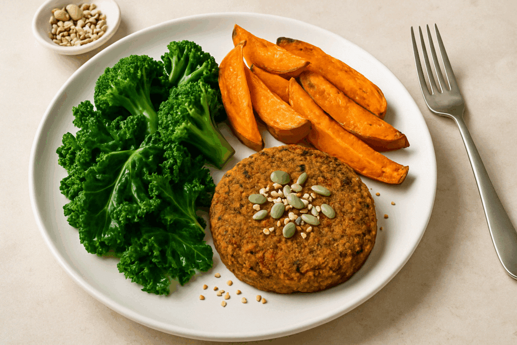 "Balanced plant-based plate with legumes, greens, and sweet potato designed for a low calorie diet for weight loss"