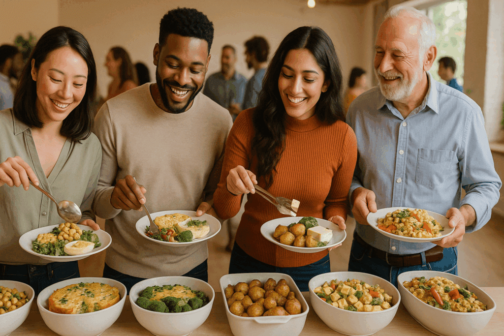 Understanding the Different Types of Vegetarians: What Does Vegetarian Mean and Why Are People Choosing This Lifestyle? 5 Diverse group of people selecting from a vegetarian buffet that highlights the different types of vegetarians through food variety.