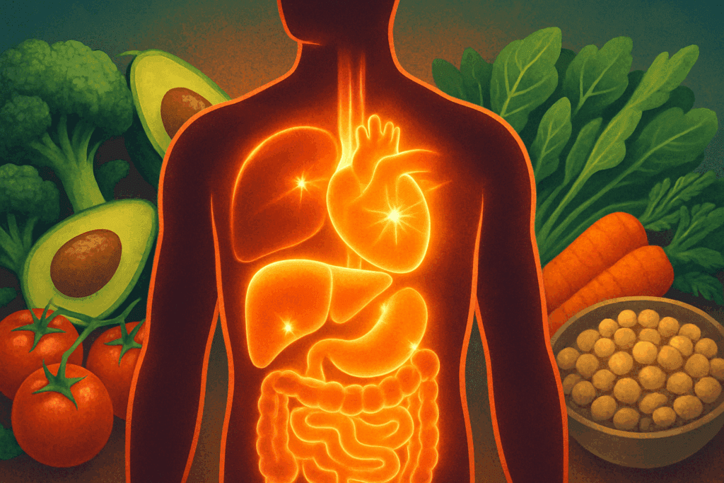 Vegan Twin Study Reveals Surprising Health Benefits in Groundbreaking Twins Diet Study 5 Healthy digestive system with plant-based foods representing gut health insights from the vegan twin study.