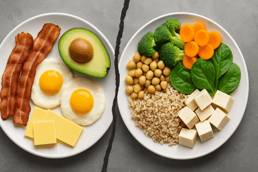 Is a Vegetarian Diet Healthy? Key Benefits, Food Tips, and What to Know Before You Start 5 Split image of vegetarian and keto meals visually comparing dietary choices to explore is a vegetarian diet healthy versus keto