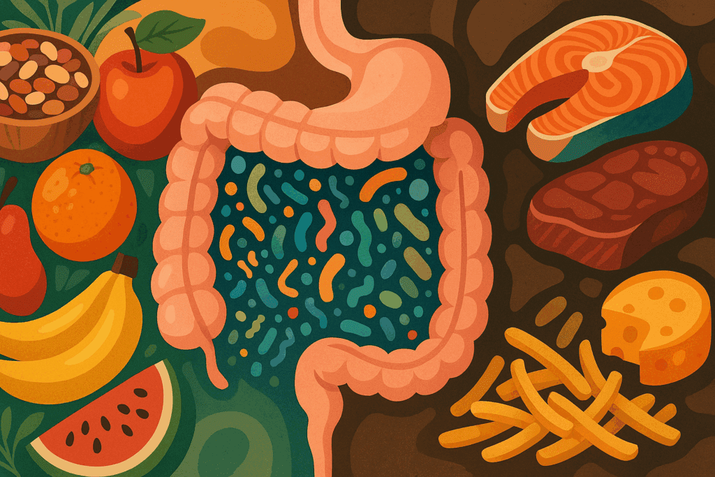 Illustration of gut microbiome diversity influenced by fiber-rich vegetarian vs non vegetarian diets.