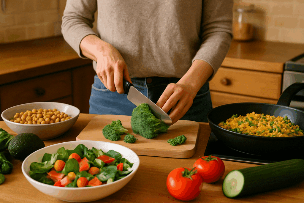 How to Eat Fewer Calories Without Feeling Hungry: What to Eat for a Calorie Deficit to Lose Weight Safely 5 "Home-cooked, whole-food plant-based meal preparation, highlighting what to eat for a calorie deficit to lose weight without dieting."