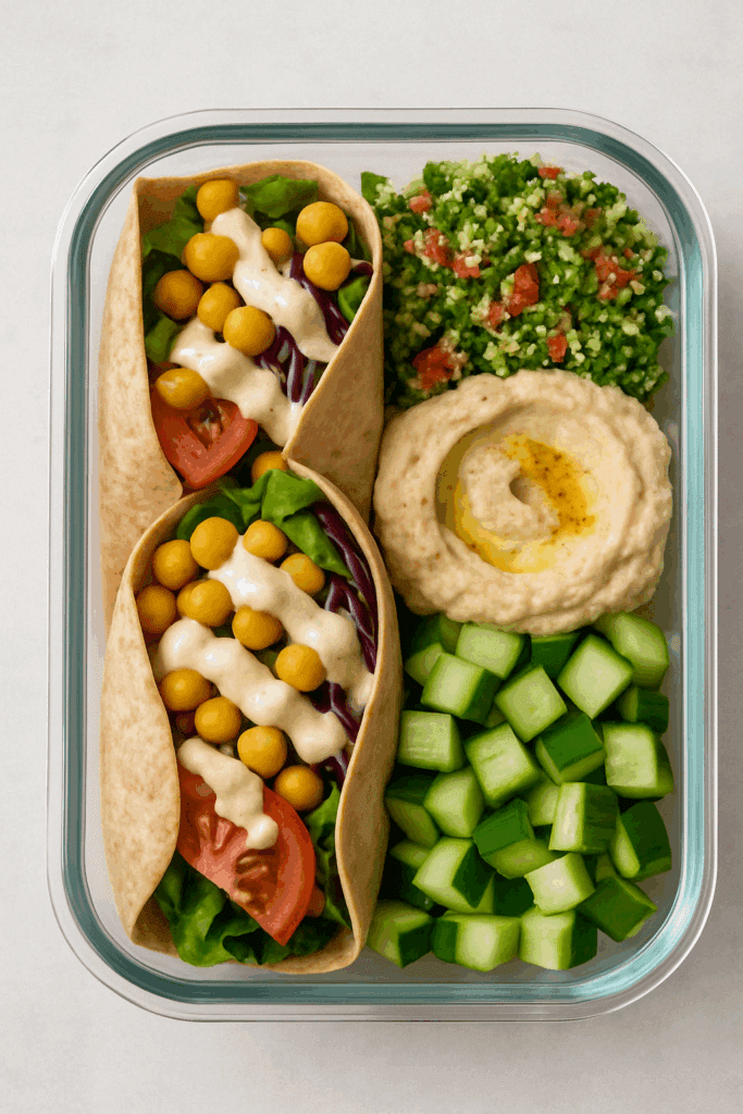 "Simple kitchen setup with basic meal prep containers, quinoa, lentils, and fresh vegetables for easy, beginner-friendly meal prep for weight loss."