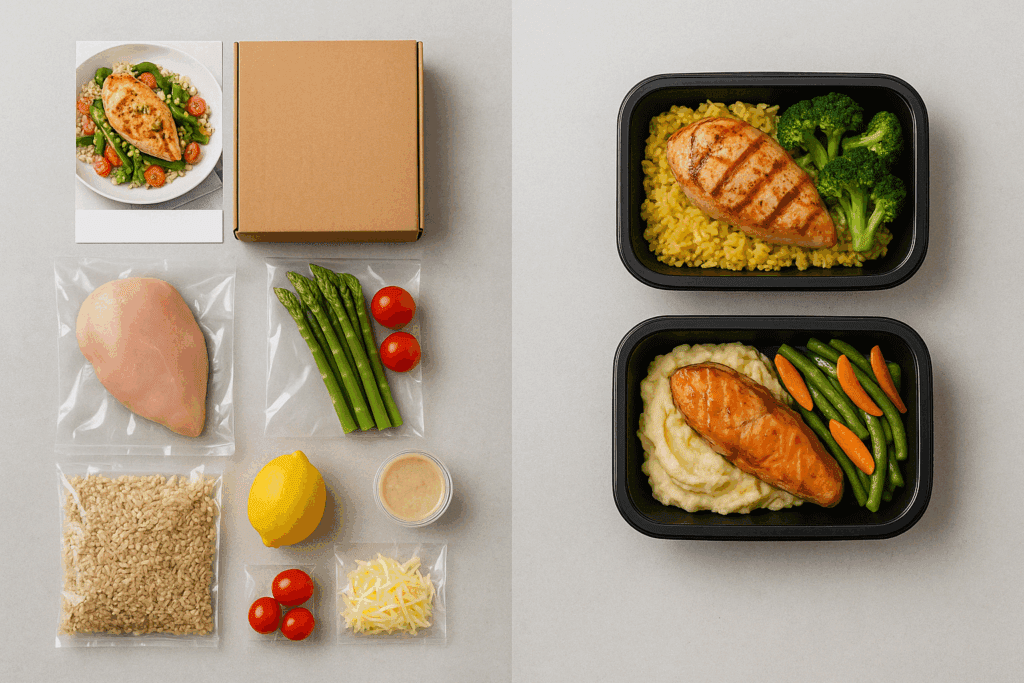 Are Meal Delivery Services Worth It? How the Best Prepared Food Delivery Options Support a Healthier, Stress-Free Lifestyle 5 "Side-by-side comparison of meal kits with pre-portioned ingredients and ready-to-eat prepared meals, illustrating the value and convenience of each—are meal delivery services worth it?"