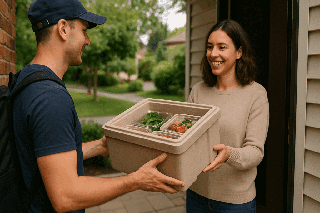Smiling person receiving an insulated box from the best Mediterranean prepared meal delivery company at their doorstep.