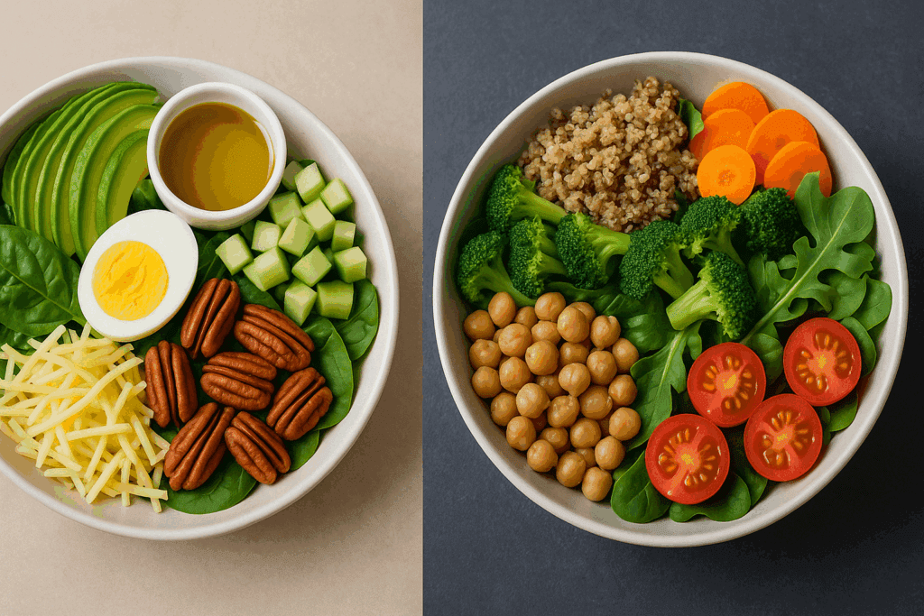 Side-by-side keto and low-carb salads from a healthy salad meal delivery showing different ingredient combinations