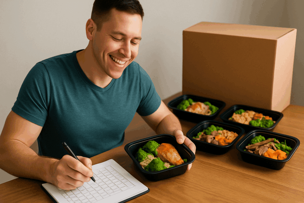 Person enjoying a healthy delivered meal while tracking weight loss progress with the best weight loss meal delivery service