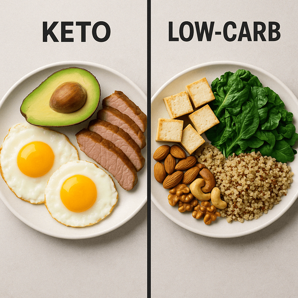 Keto and low-carb meals contrasted visually to explore dietary choices for cutting back eating effectively