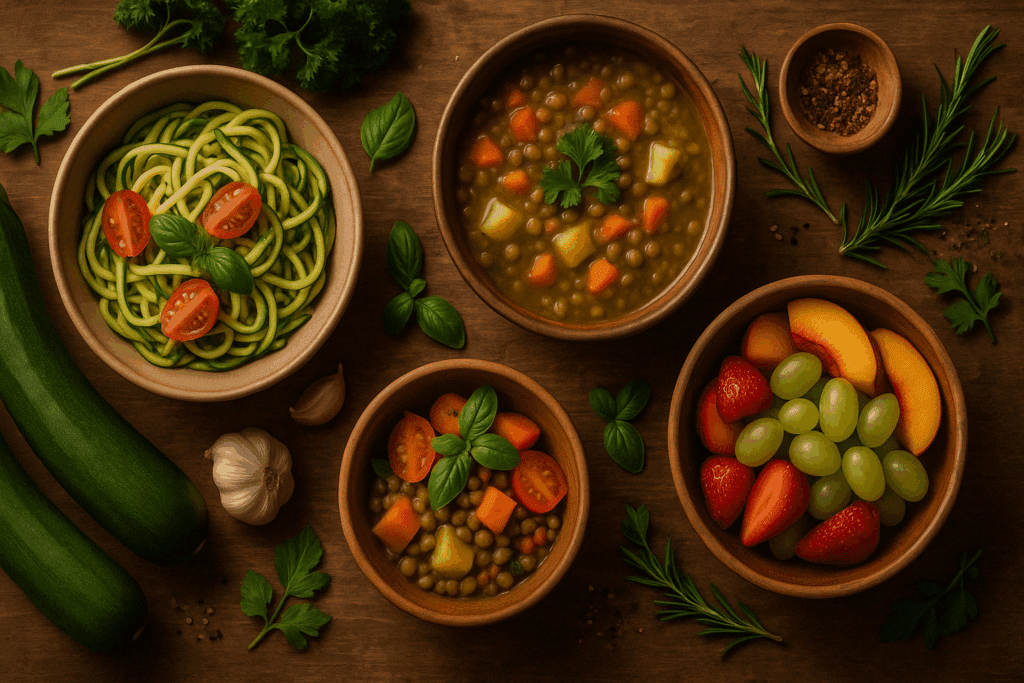 Seasonal cutting meals with zucchini noodles, lentil soup, and fresh fruit showing personalized ideas for what to eat while cutting