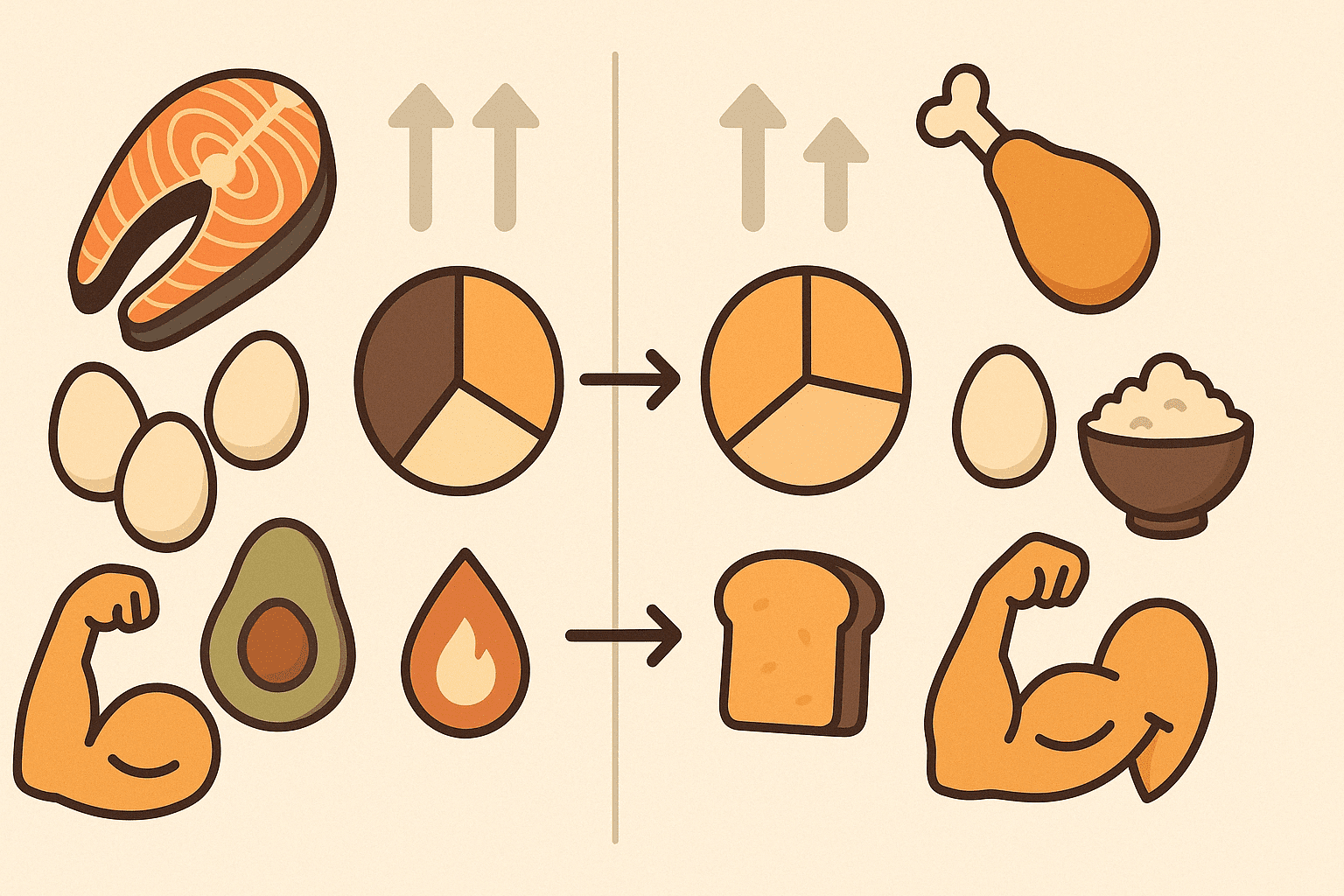 Contrast of plant-based foods and keto ingredients visually exploring what to eat to build muscle and burn fat
