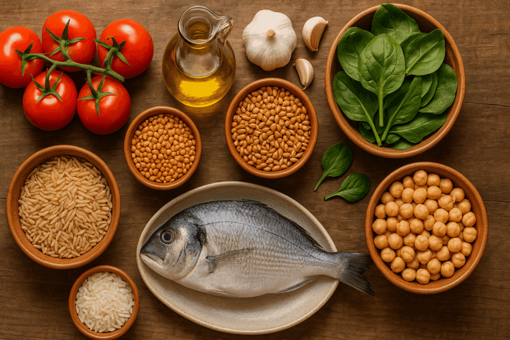 Visual comparison of white rice and whole grains in Mediterranean meals, illustrating nutritional differences related to can you eat white rice on the Mediterranean diet