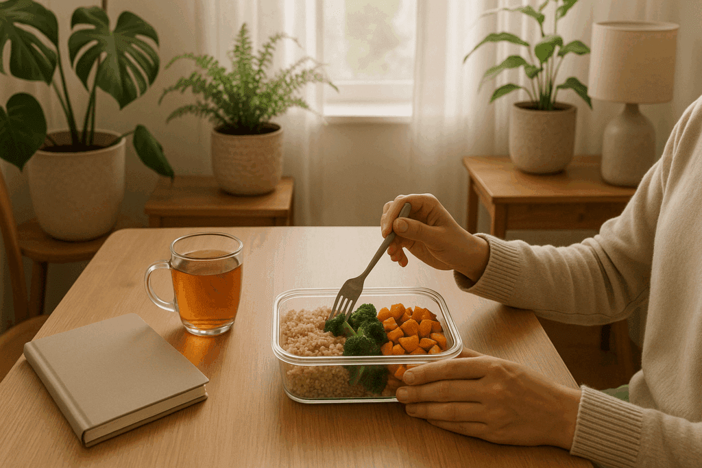 Person eating a prepped meal in a peaceful kitchen, highlighting the mental wellness benefits of easy weekly meal plans.