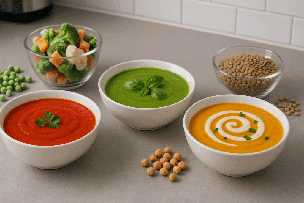 Blender Soups for Vegans: Easy and Nutritious Pureed Recipes to Boost Your Plant-Based Diet 5 Freezer stocked with reusable glass containers of colorful blender soups for vegans, promoting sustainable plant-based meal prep.