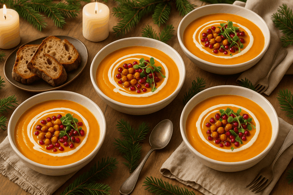 Festive Vegan Soup Ideas for a Cozy Christmas: Nourishing Recipes to Warm Your Holiday Table 5 Beautifully plated festive vegan soup garnished with microgreens and seeds, served as a centerpiece on a holiday dinner table