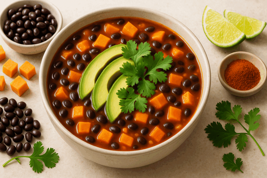 10 Nourishing Vegan and Gluten Free Soup Recipes Backed by Nutrition Science 5 Hearty black bean and sweet potato soup with avocado and lime, featured in fiber-rich vegan and gluten free soup recipes.