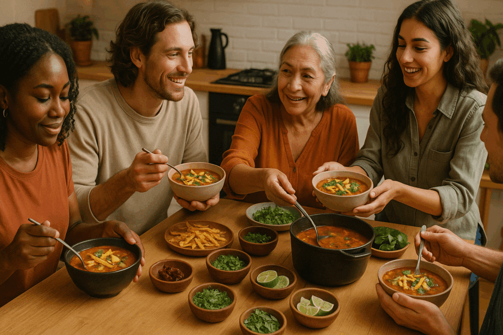 Wholesome Comfort in a Bowl: A Dietitian-Approved Plant-Based Tortilla Soup for Vibrant Vegan Health 5 Onions, garlic, and spices being sautéed on a stove next to a pot of bubbling plant-based tortilla soup in a cozy home kitchen