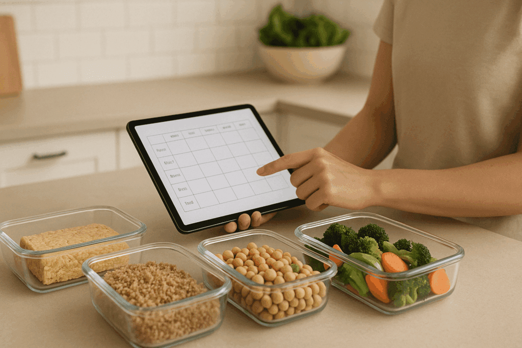 High protein diet meal plan preparation with digital planner, containers of tempeh, chickpeas, and cooked grains