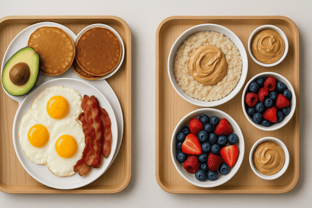 Side-by-side comparison of keto and low carb breakfasts highlighting macronutrient differences in healthy breakfast meal prep ideas