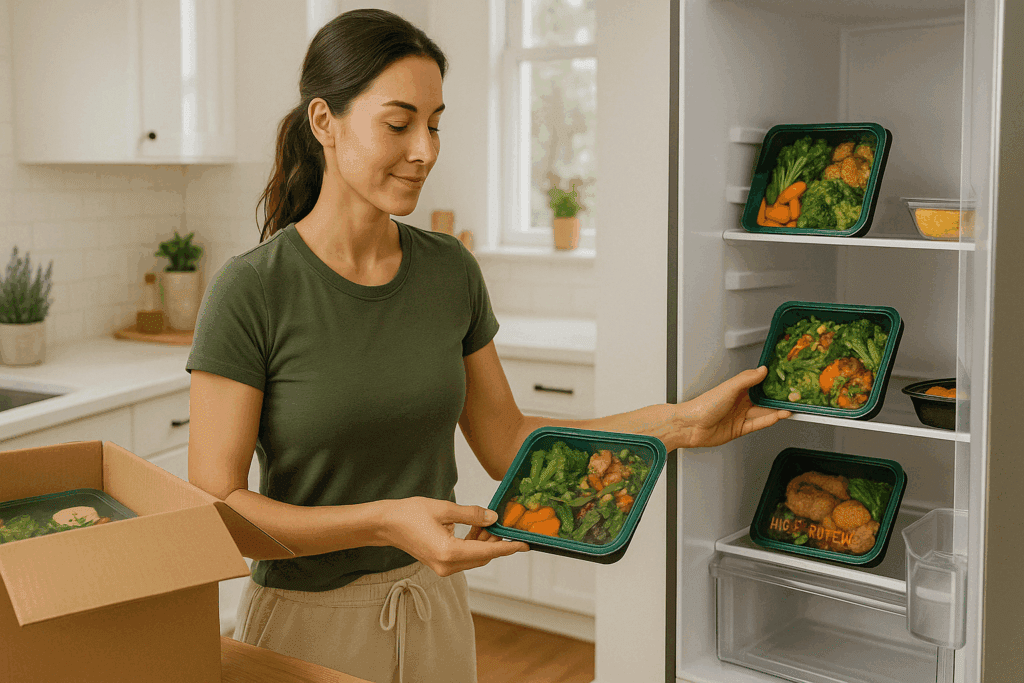 Health-conscious person unpacking freshly meal delivery servicea meals in a tidy kitchen for weekly meal planning