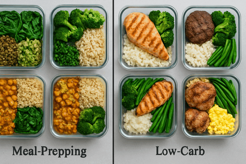 Low-carb and plant-based meals prepped in the best freezer safe meal prep containers, separated by dietary type