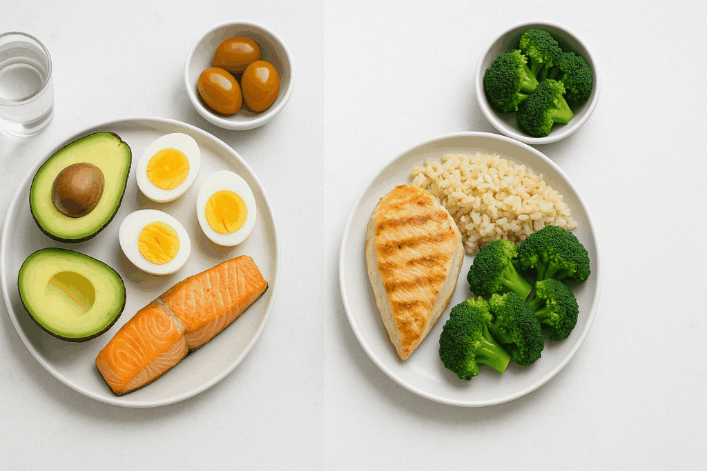 Colorful full-day meal plan with eggs, quinoa, fruit, and lean protein meals highlighting what do body builders eat throughout the day.