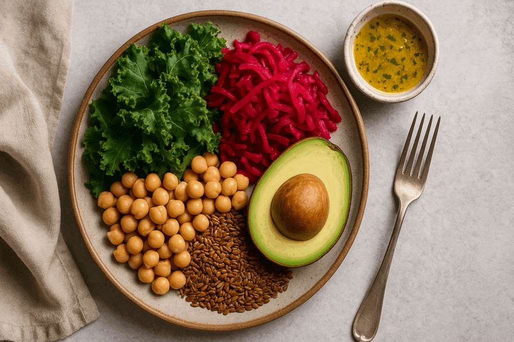 Flat lay of low carb vegan lunches packed in glass containers as part of smart meal prep to lose belly fat.
