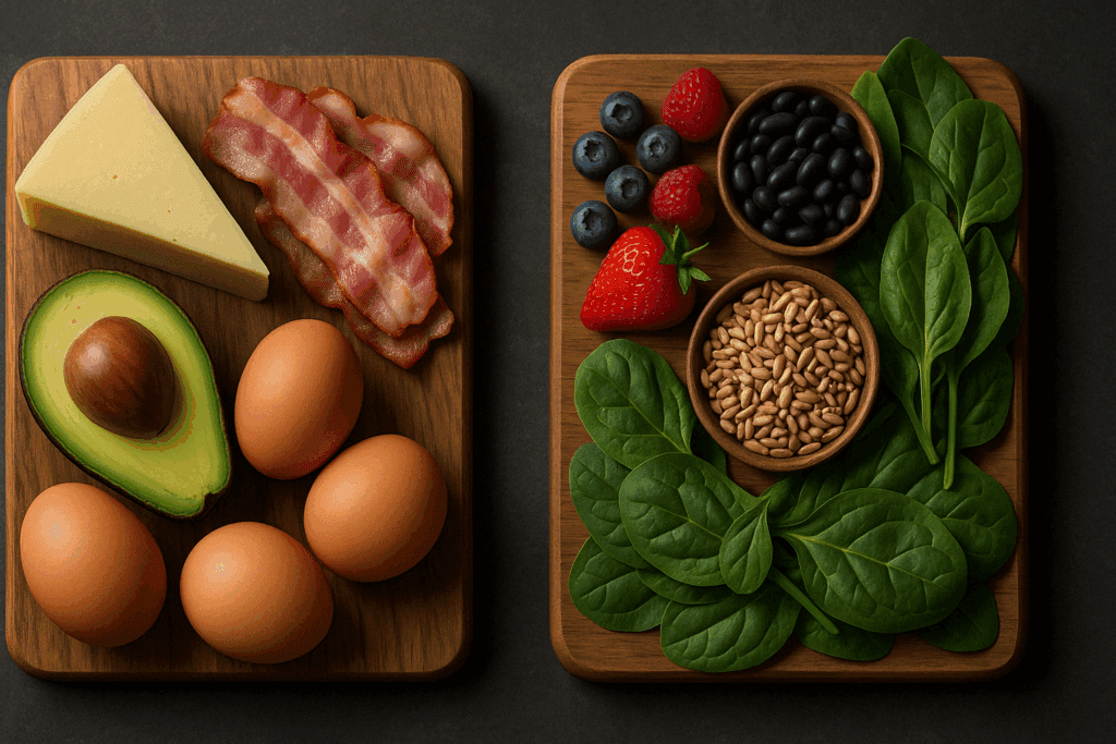 Side-by-side comparison of keto and low-carb foods supporting different approaches to a quick weight loss meal plan.