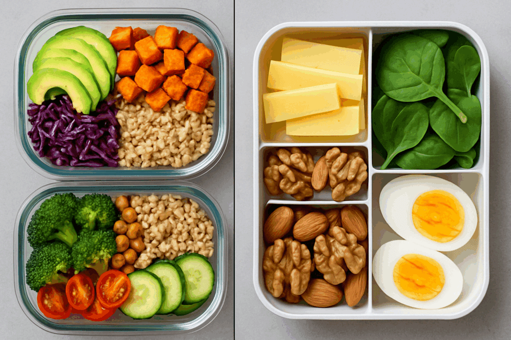 Balanced healthy make ahead lunches for work featuring a variety of plant-based proteins, whole grains, and anti-inflammatory foods.