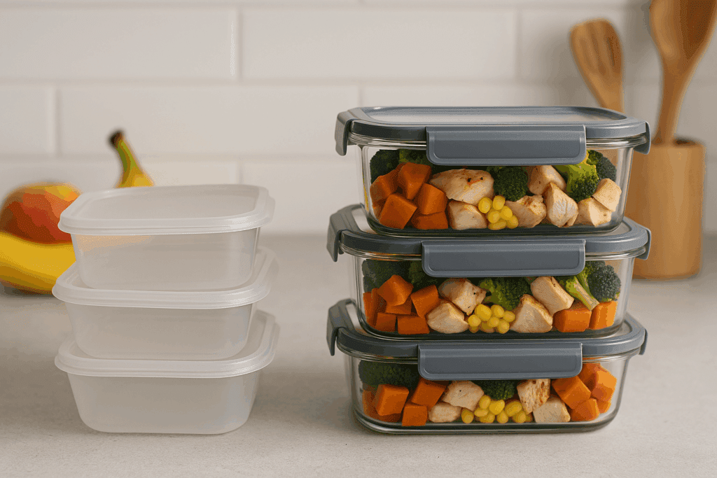Infographic-style display comparing materials and features of the best meal prep containers including stainless steel, silicone, and plastic.