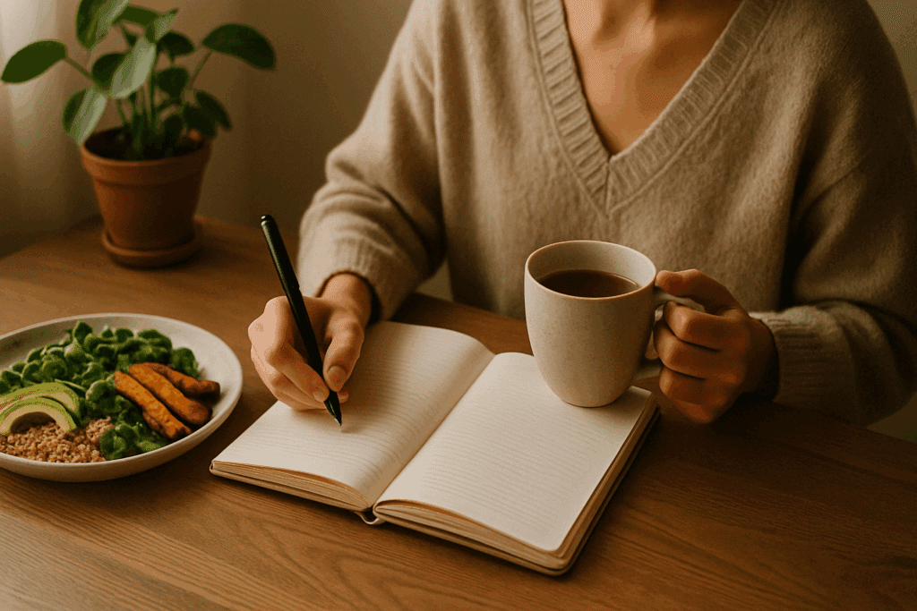 Mindful vegan eating scene with warm lighting representing lifestyle factors in Plant-Based Diet Pros and Cons